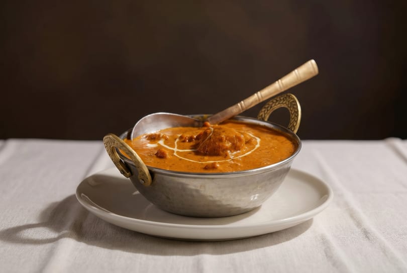 A metal bowl of butter chicken curry with a swirl of cream and a golden spoon.