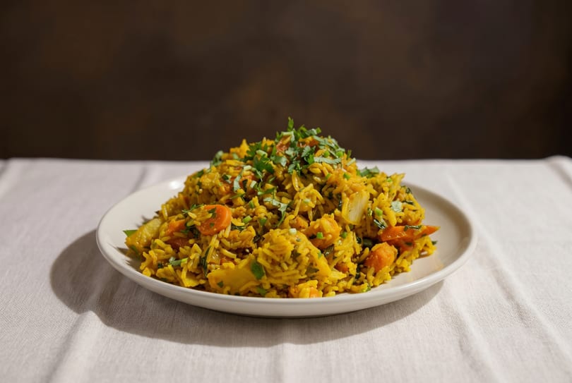 A white plate filled with yellow rice, carrots, and green herbs on a white tablecloth.