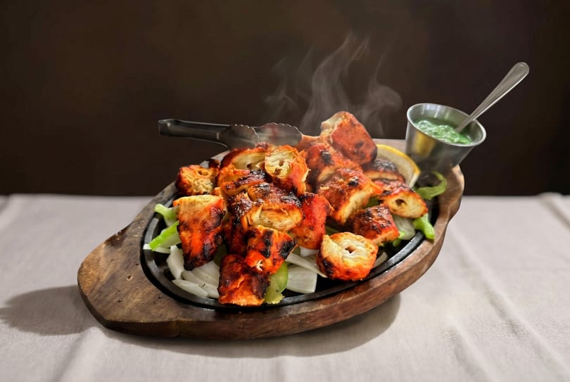 Steaming chicken tikka on a sizzling platter with onions, peppers, and green chutney.